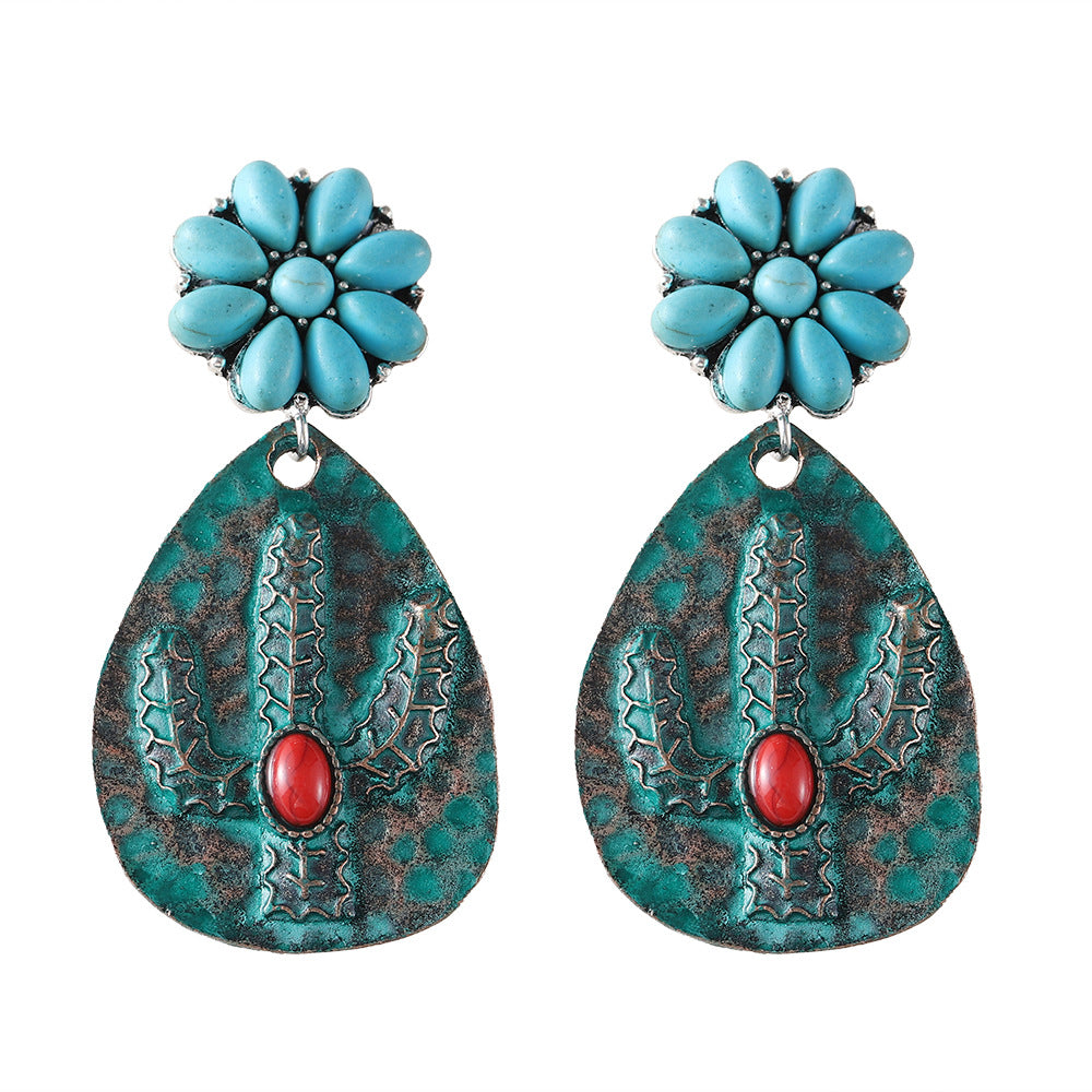 Wholesale Blue cactus inlaid turquoise teardrop earrings