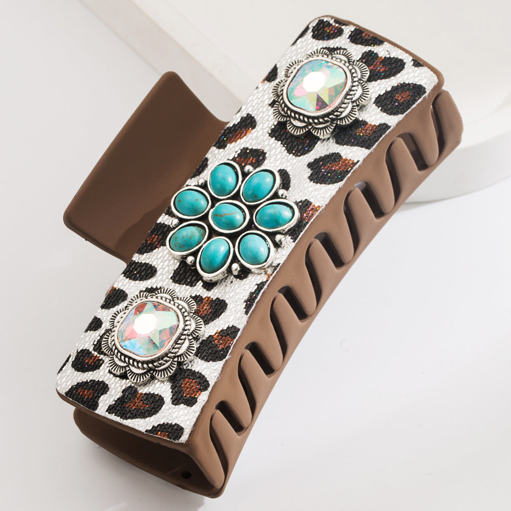 Wholesale Ancient Silver Alloy Turquoise Hair Clip Retro Leopard Print Sequined Leather Hair Clips