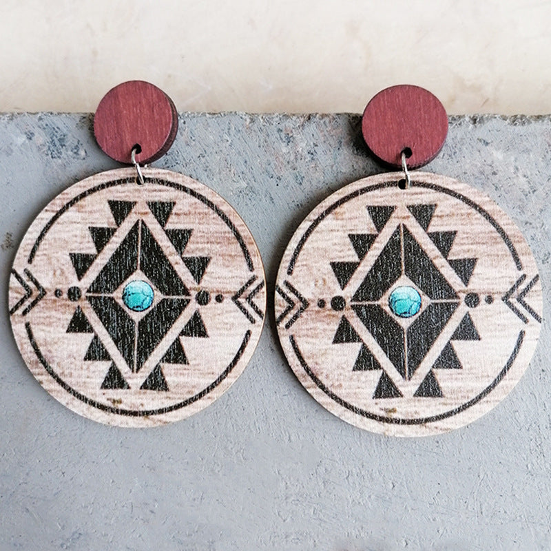 2 pares al por mayor/paquete Aztec Turquesa Patrón Patchwork Pendientes de madera redonda