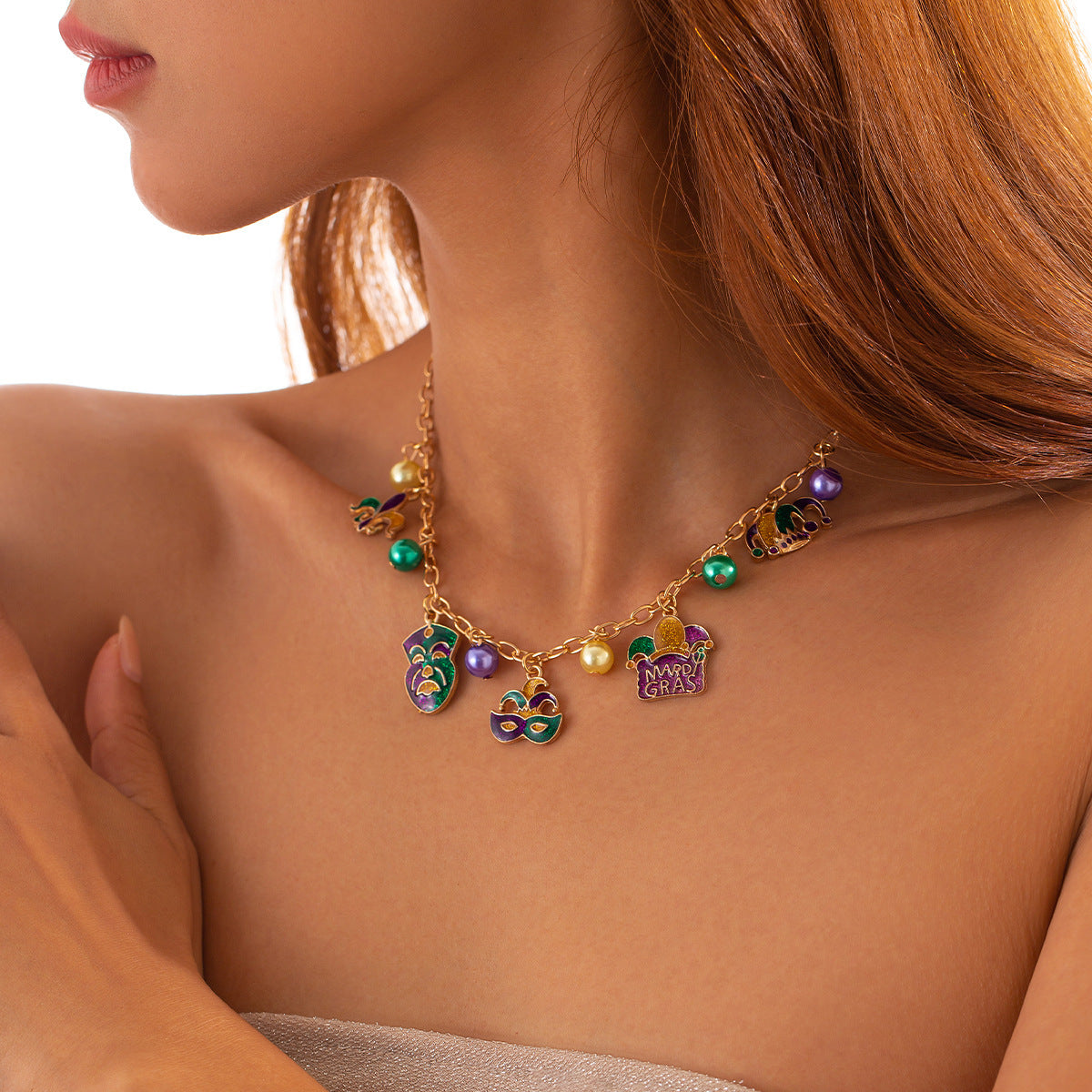 Wholesale Jewelry Carnival Mask Pearl Cross Chain Necklace High-grade Alloy Necklace suit