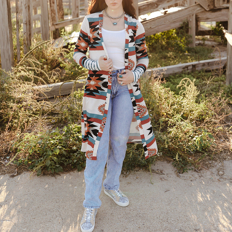 Wholesale Aztec Printed Western Style Long Polyester Cardigan