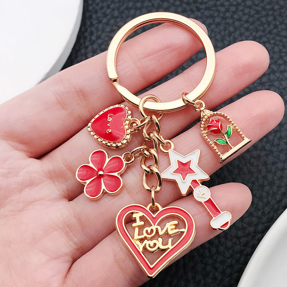 Wholesale Red Magic Wand Love Rose Cherry Blossom  Metal Keychain
