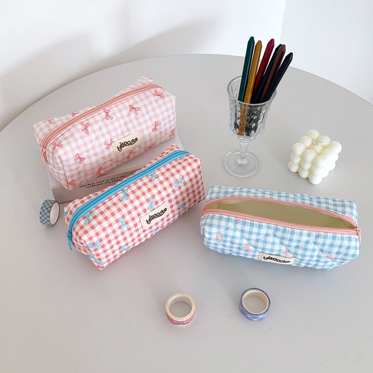 Wholesale  Cream Color Plaid Bow Polyester Pencil Case