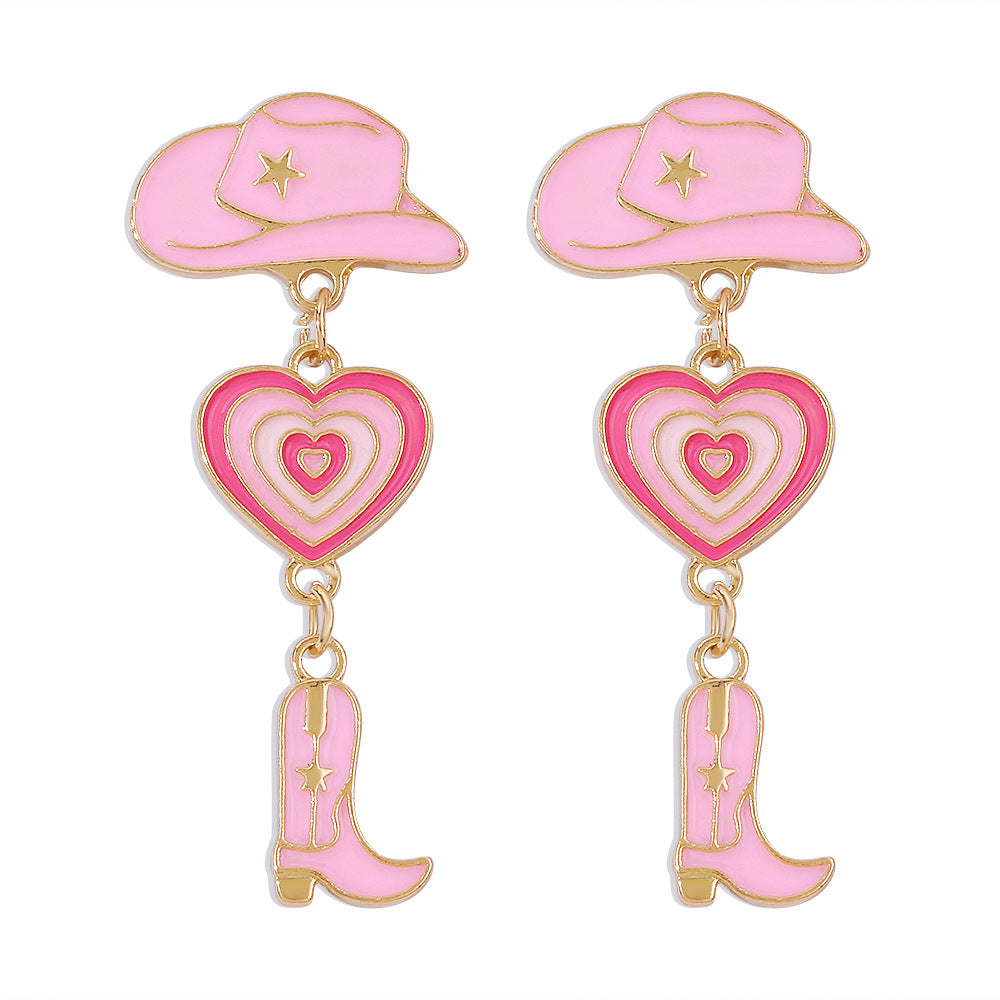 Wholesale Western Cowboy Style Hat Heart Cowboy Boots Oil Drop Earrings