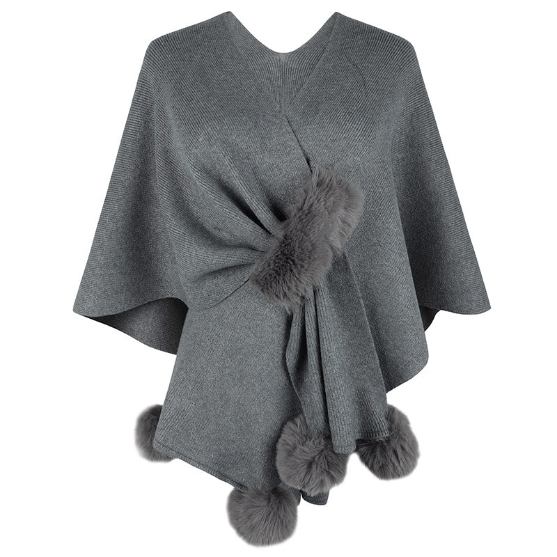Wholesale Solid Color Fur Ball Cape Knitted Cardigan
