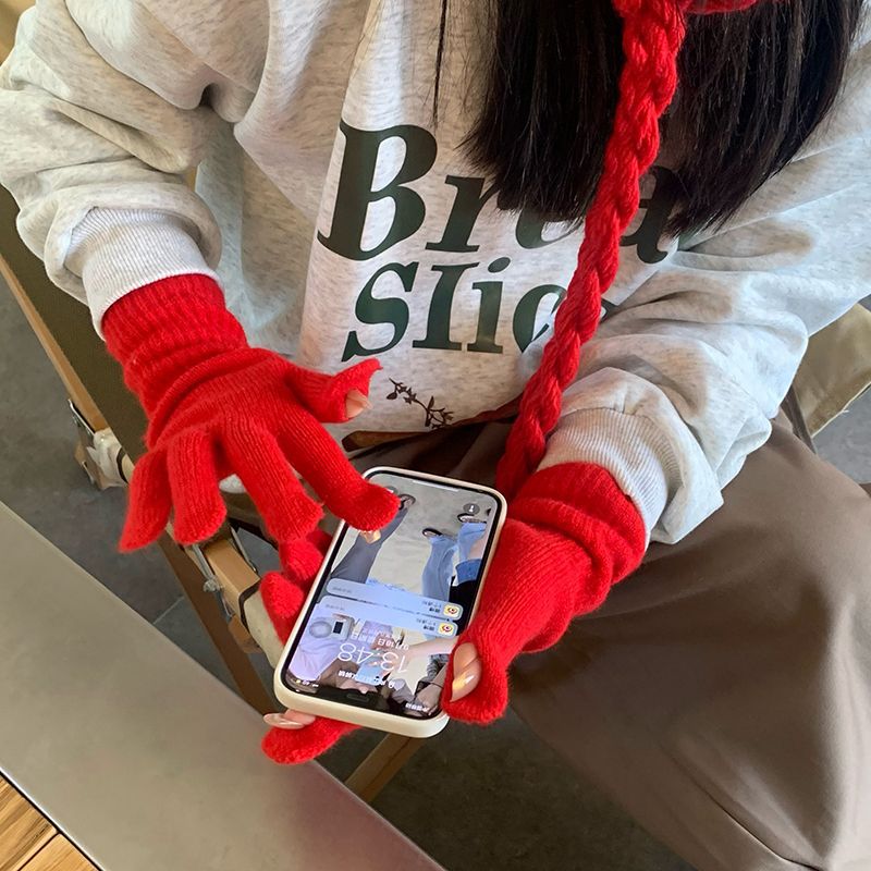 Wholesale Autumn Long Wrist Strawberry Cold and Warm Touch Screen Solid Color Knitted Gloves