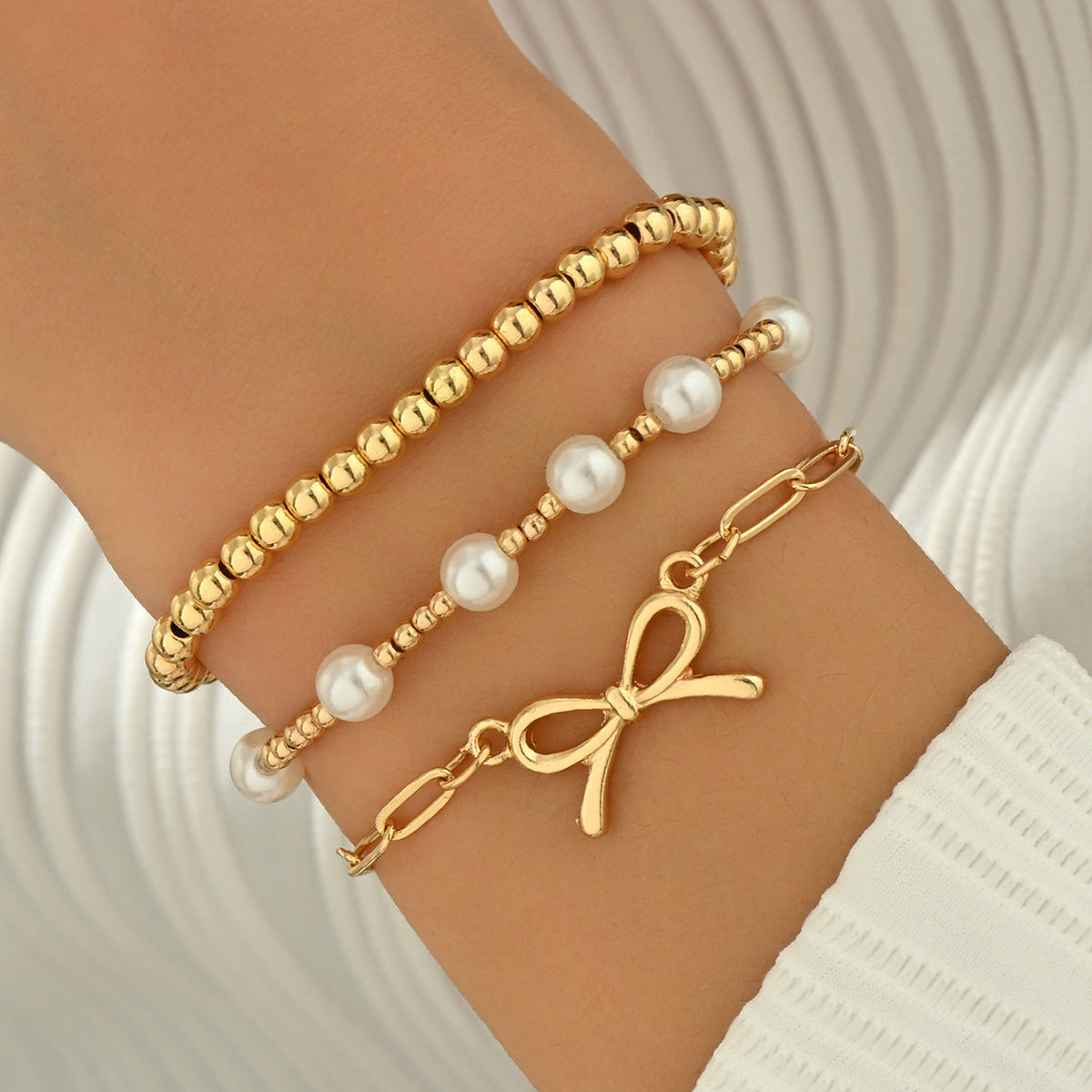 Wholesale Minimalist Bow Star Faux Pearl Bracelet Set Trendy Women S Layering Jewelry Accessory Boutique Resale Gift