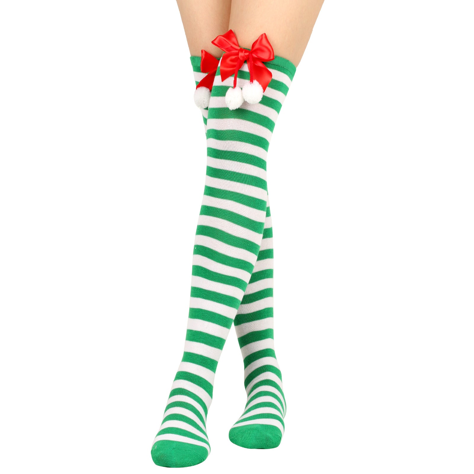 Wholesale Bow Christmas Ball Striped Over-the-Knee Socks