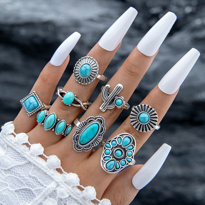 Wholesale new vintage ethnic style inlaid turquoise carved feather ring suit