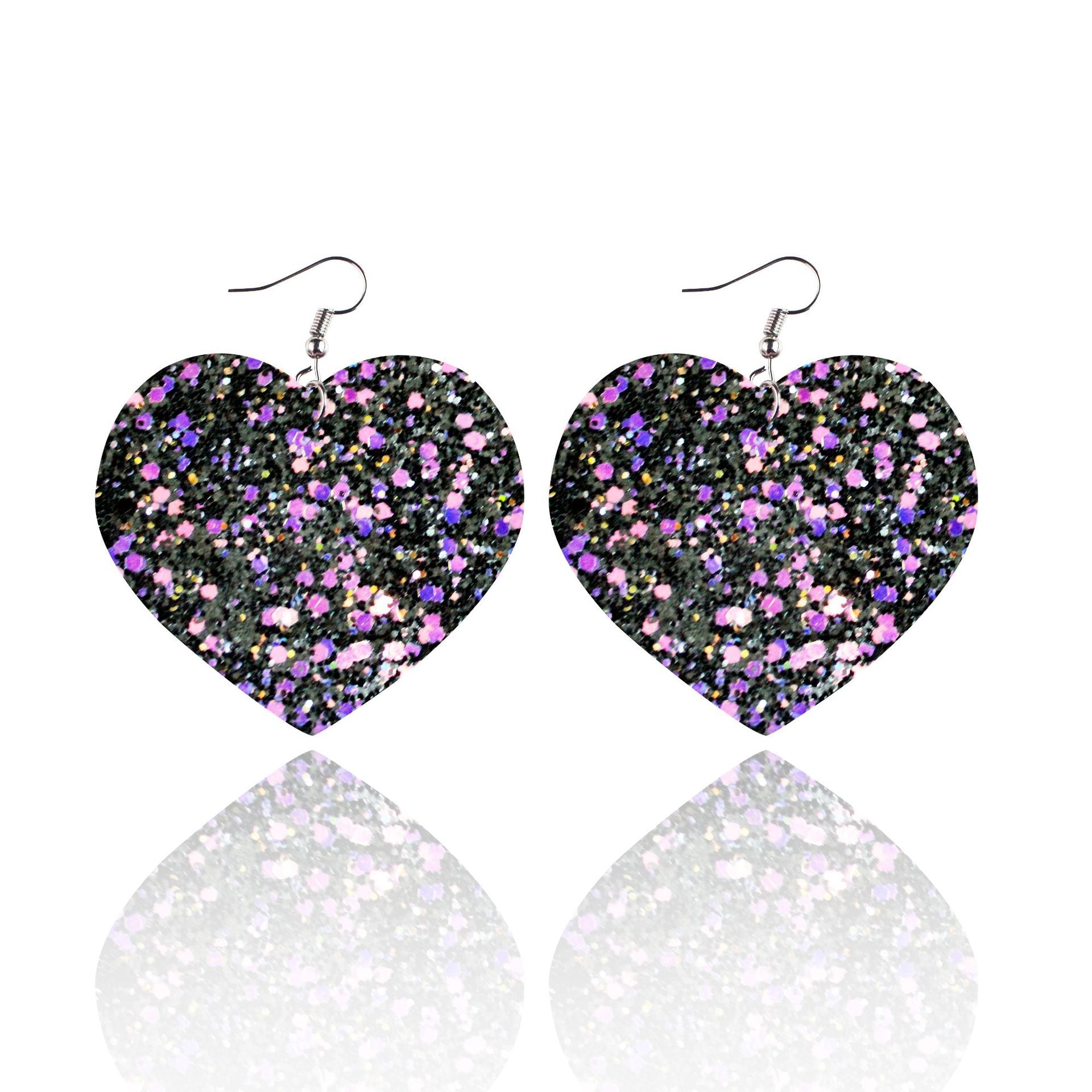 Wholesale Sequin Grain Glitter Heart Shape PU Leather Earrings