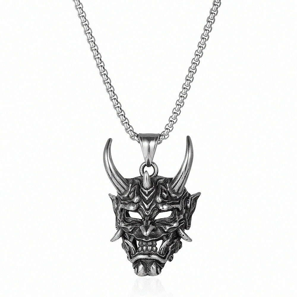 Wholesale ghost samurai mask necklace retro hip-hop style Golden Horn prajna pendant stainless steel men's sweater chain