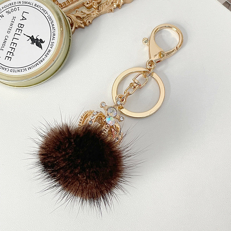 Wholesale Diamond Studded Mink Fur Ball Crown Keychain