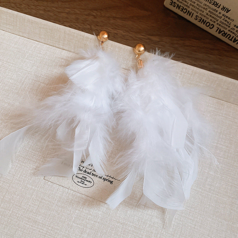 Wholesale Diamond studded bow feather tassel earrings