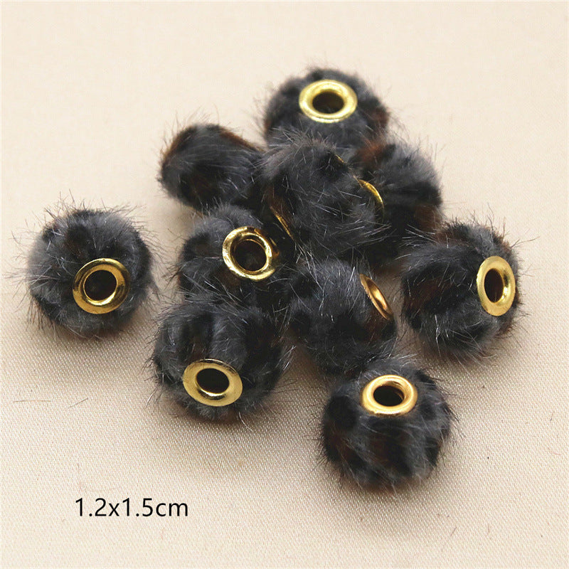 Wholesale 10PCS Straight Hole Leopard Print Cloth Fur Ball Beads Loose Beads Fabric Separator Beads