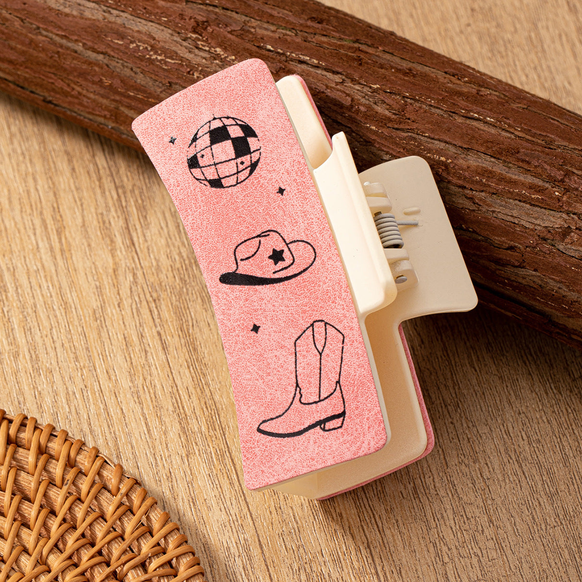 Wholesale PU leather cowboy boots cowboy hat pattern printing hair clip