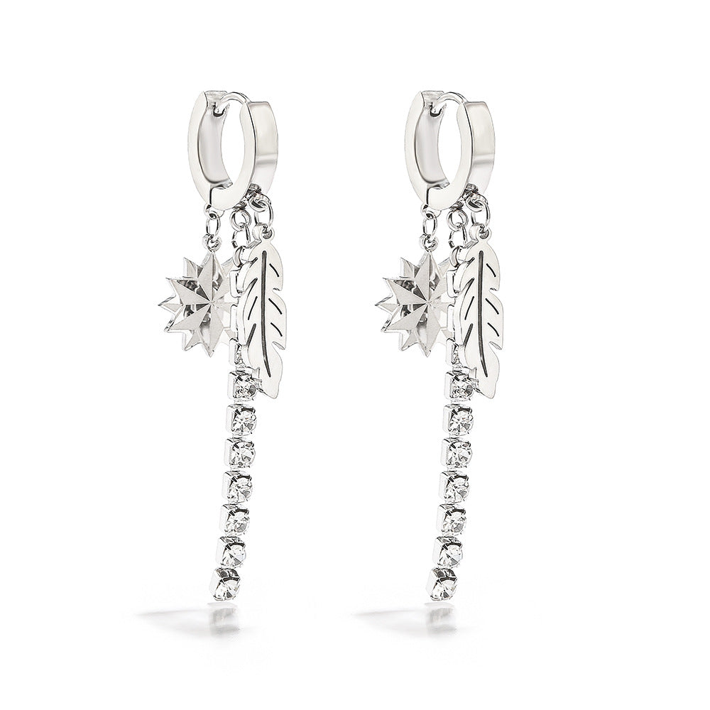 Wholesale Titanium Steel Feather Star Zircon Tassel Earrings