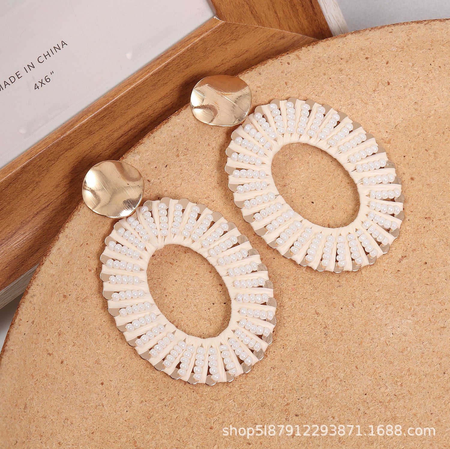 Wholesale Exaggerated Woven Rice Beads Geometric Raffia Earrings