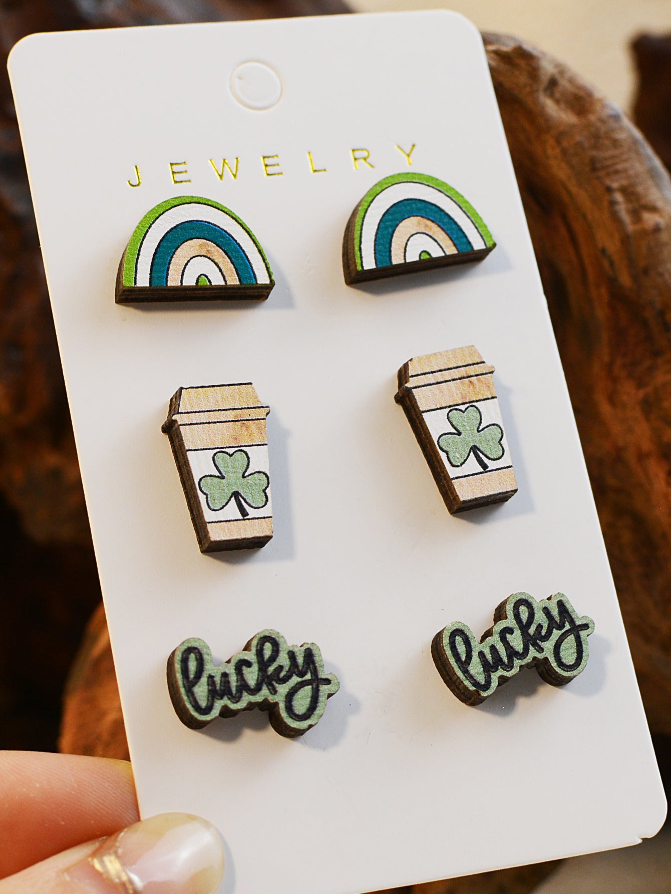 Wholesale St. Patrick's Day Carnival Wooden Small Stud Earrings