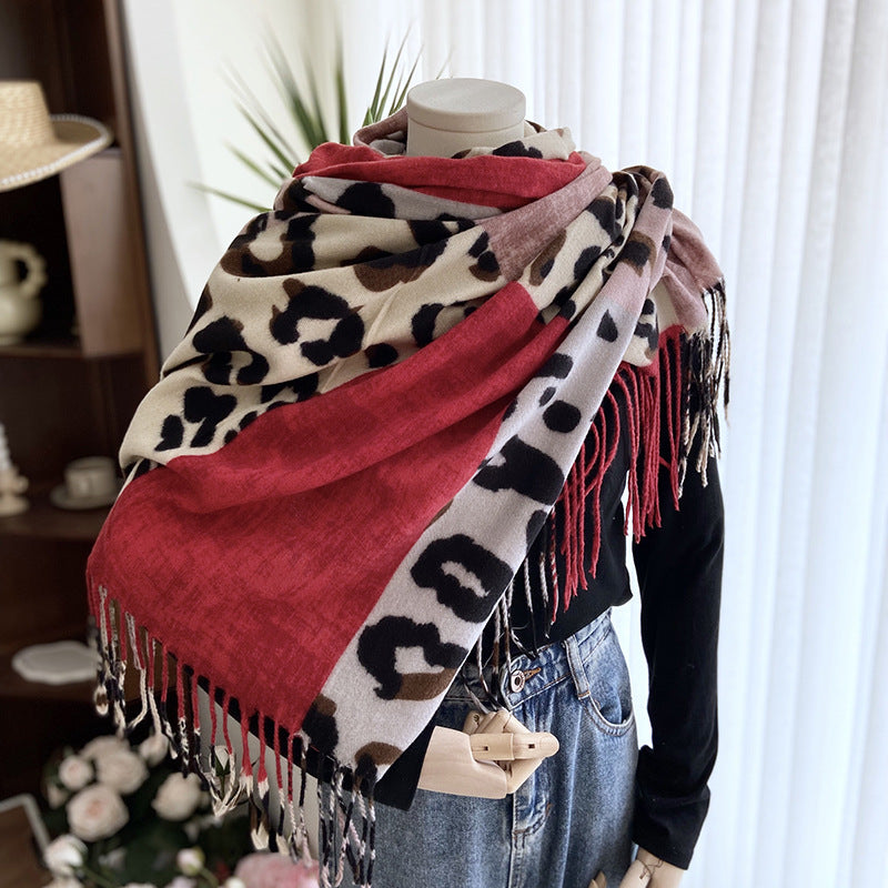 Wholesale Imitation Cashmere Double Sided Printed Scarf Leopard Print Tassel Warm Shawl