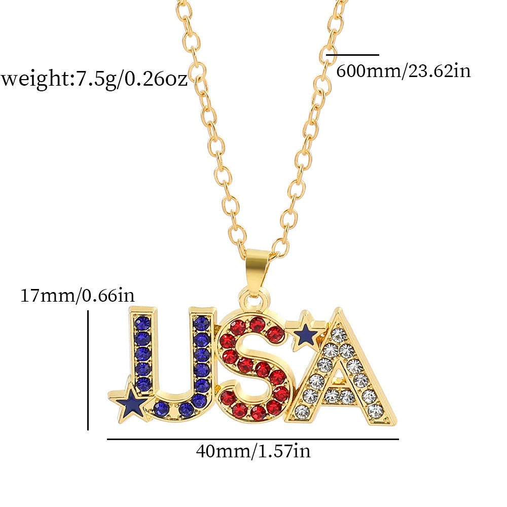 Wholesale American Independence Day Flag Five Pointed Star Diamond Alloy Necklace