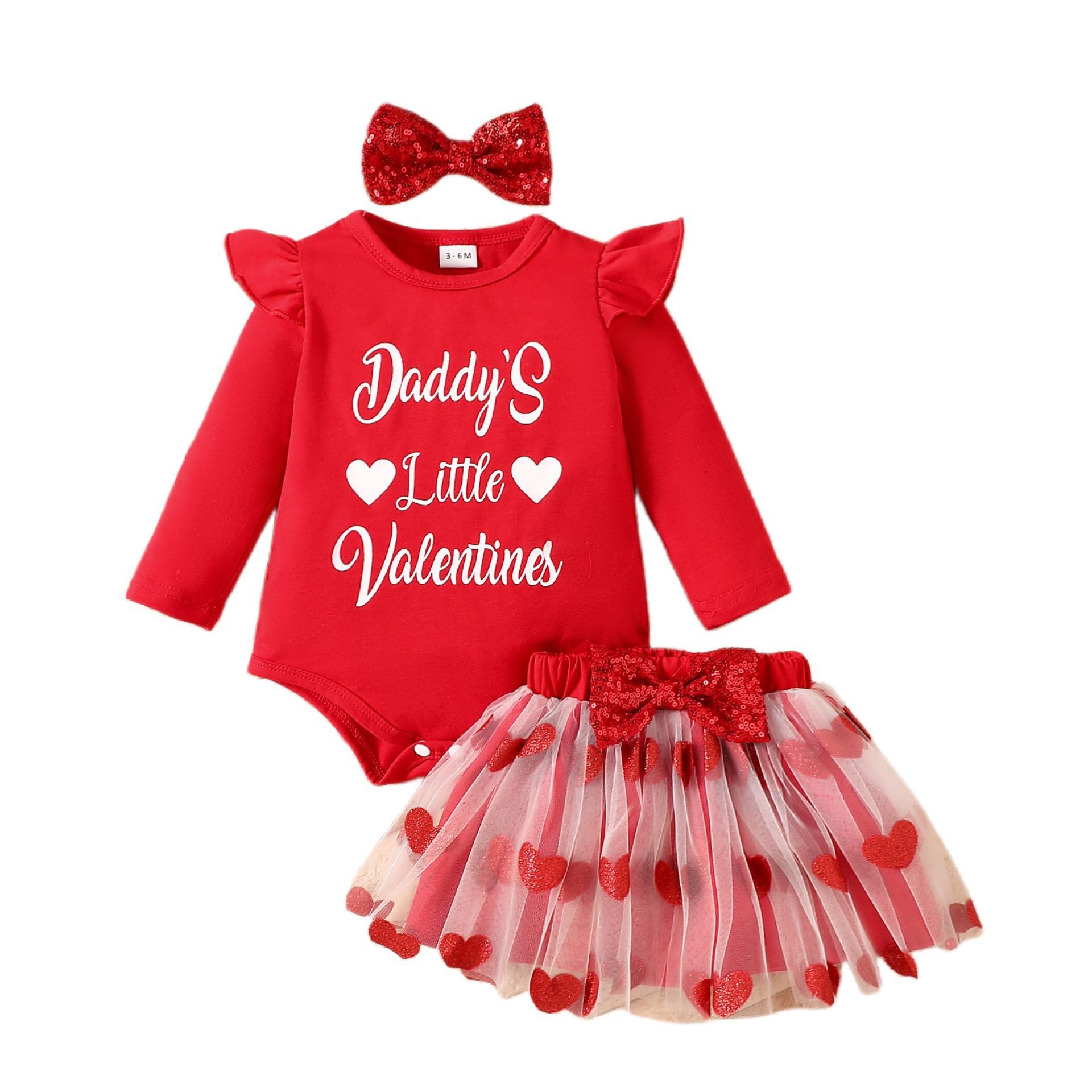 Wholesale Sweet Letter Heart Printed Long Sleeve Children's Clothing Mesh Dress Collar Headband Three-piece Set
