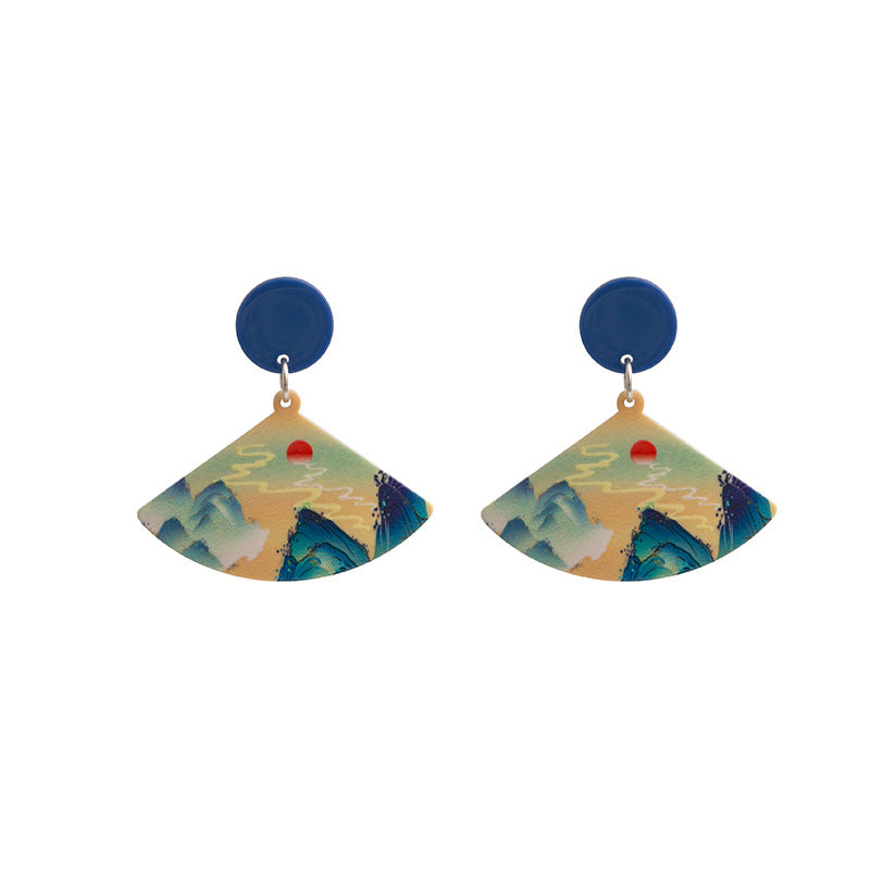 Wholesale Silver Needle Retro Cartoon Ink Painting Flower Fan Earrings