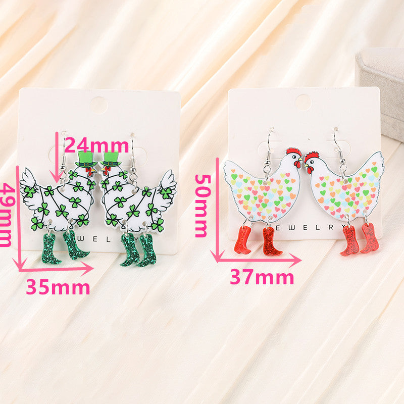 Wholesale Double sided St.  Patrick' s Chicken Acrylic Earrings