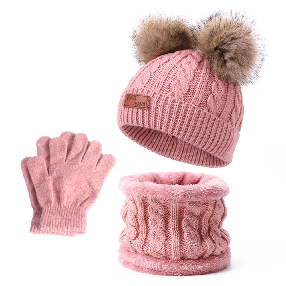 Wholesale Winter Baby Infant Child Warm Plus Velvet Thickened Scarf Pompom Hat Two-piece Set