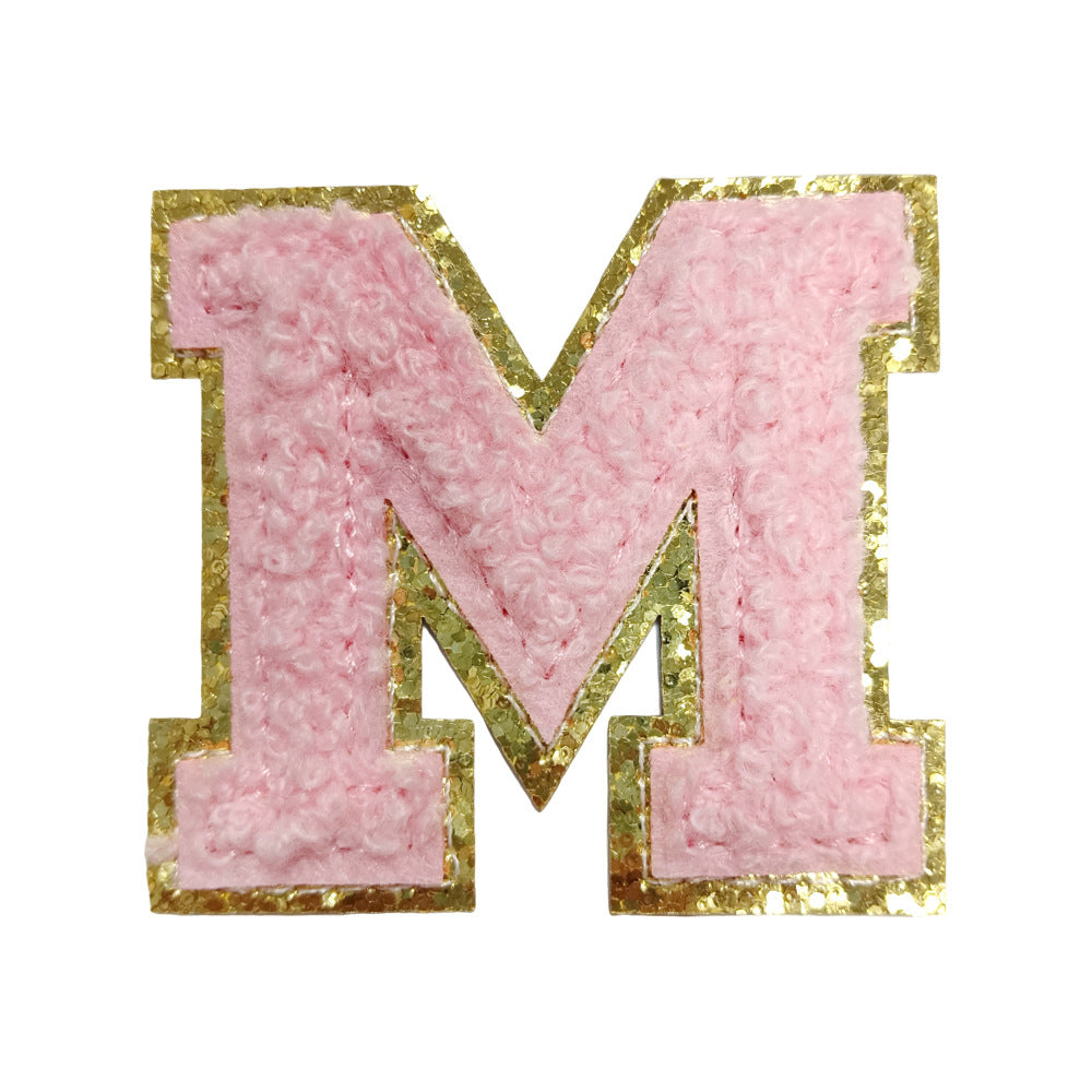Wholesale Towel Embroidered Self Adhesive Letter Patches A Z Gold Glitter Double Layer Chic DIY Coat Accessory