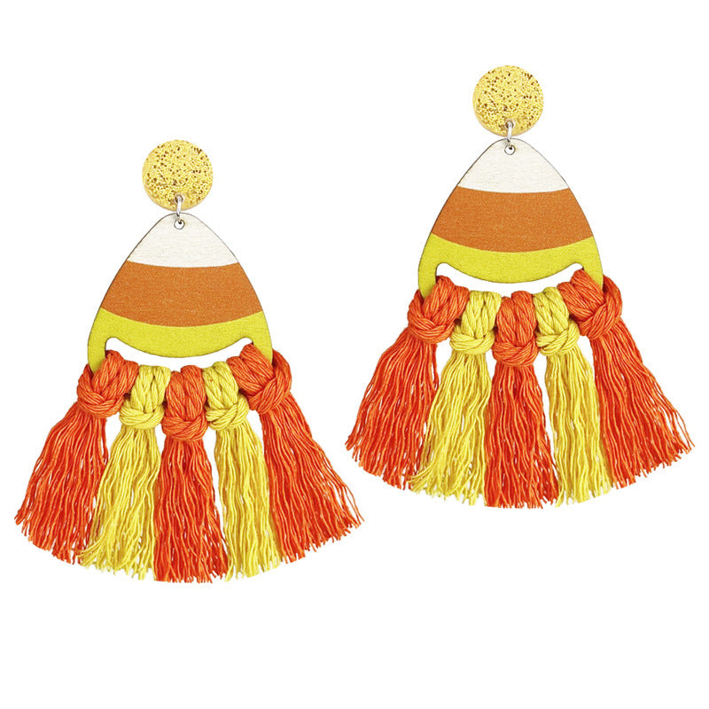 Wholesale 2 Pairs/pack Halloween Hand-woven Tassel Wooden Earrings