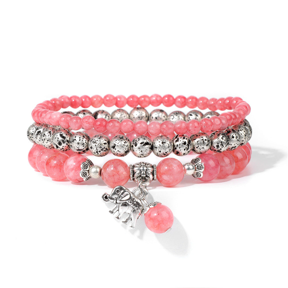 Cuentas de piedra natural al por mayor cuentas de piedra volcánica colgante de elefante de tres capas pulsera