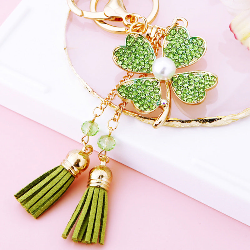 Wholesale Pink Four Leaf Clover Love Lock Keychain Rhinestone Inlaid Metal Car Key Ring Fashion Accessory Gift