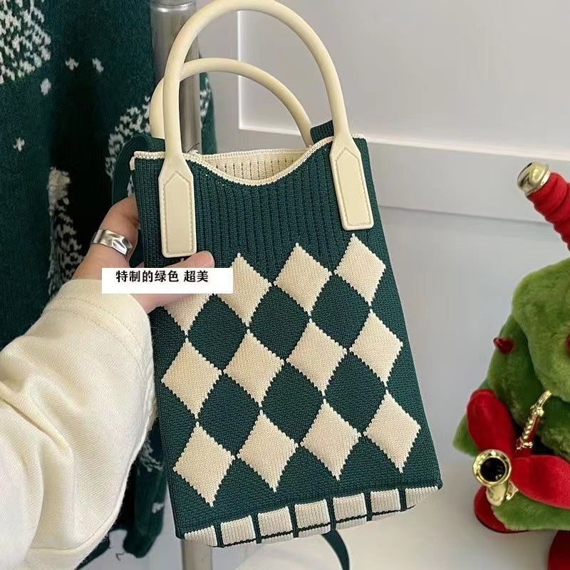 Wholesale Candy Color Mobile Phone Bag Large Capacity Diamond Check Knitted Bag