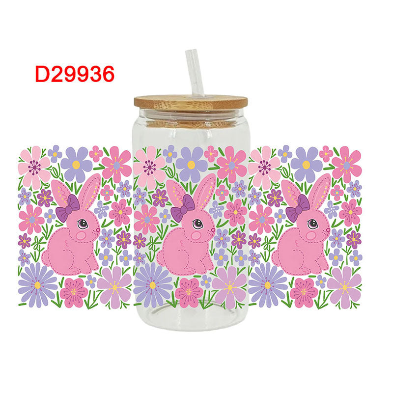 Wholesale Pink Cartoon Easter Bunny 16oz Cup UV DTF Wraps