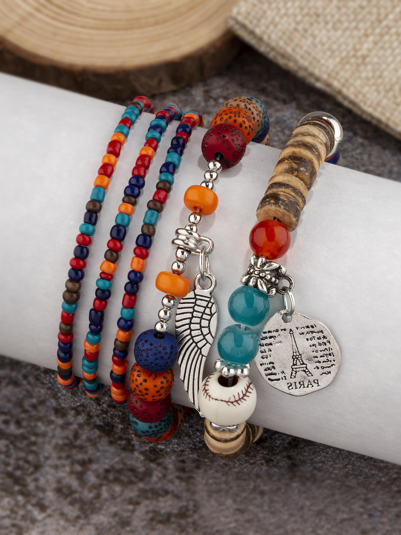 Wholesale Bohemian Ethnic Style Angel Wings Letter Alloy Pendant Beaded Bracelet Five-piece Set