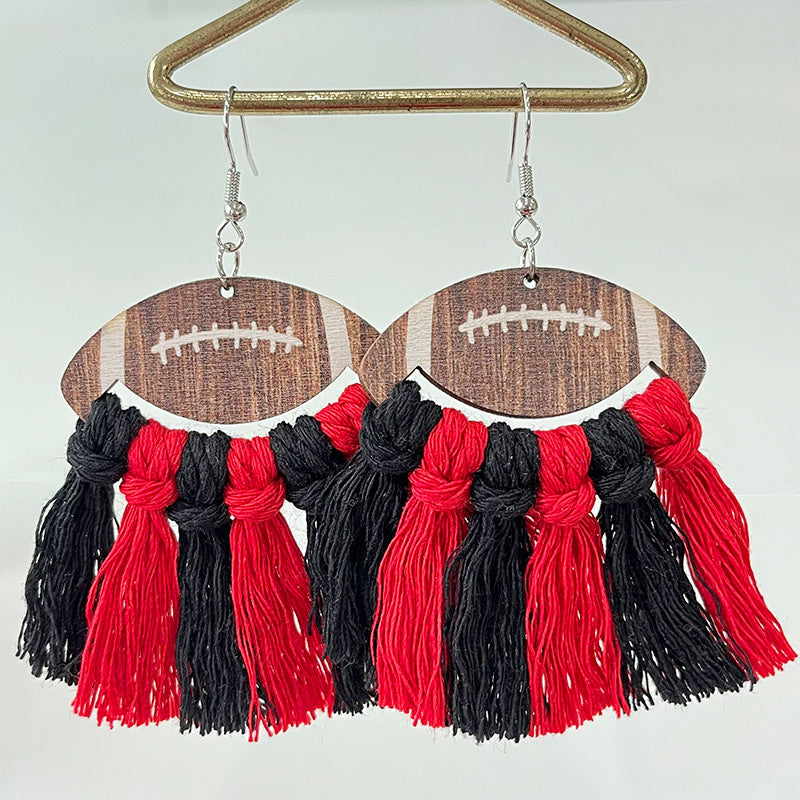 Wholesale 2 Pairs/pack Sports Woven Tassel Rugby Football Cheerleaders Wooden Drop Earrings