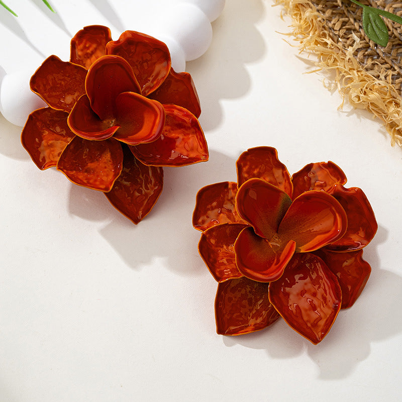 Wholesale Stylish Women S Large 3D Flower Earrings Alloy Orange Electroplated Fashion Jewelry Accessory