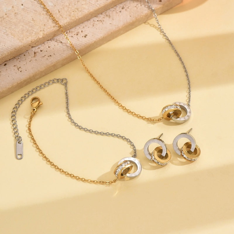 Wholesale Stainless steel gold and silver two tone circular single row rhinestone necklace  bracelet  and earrings