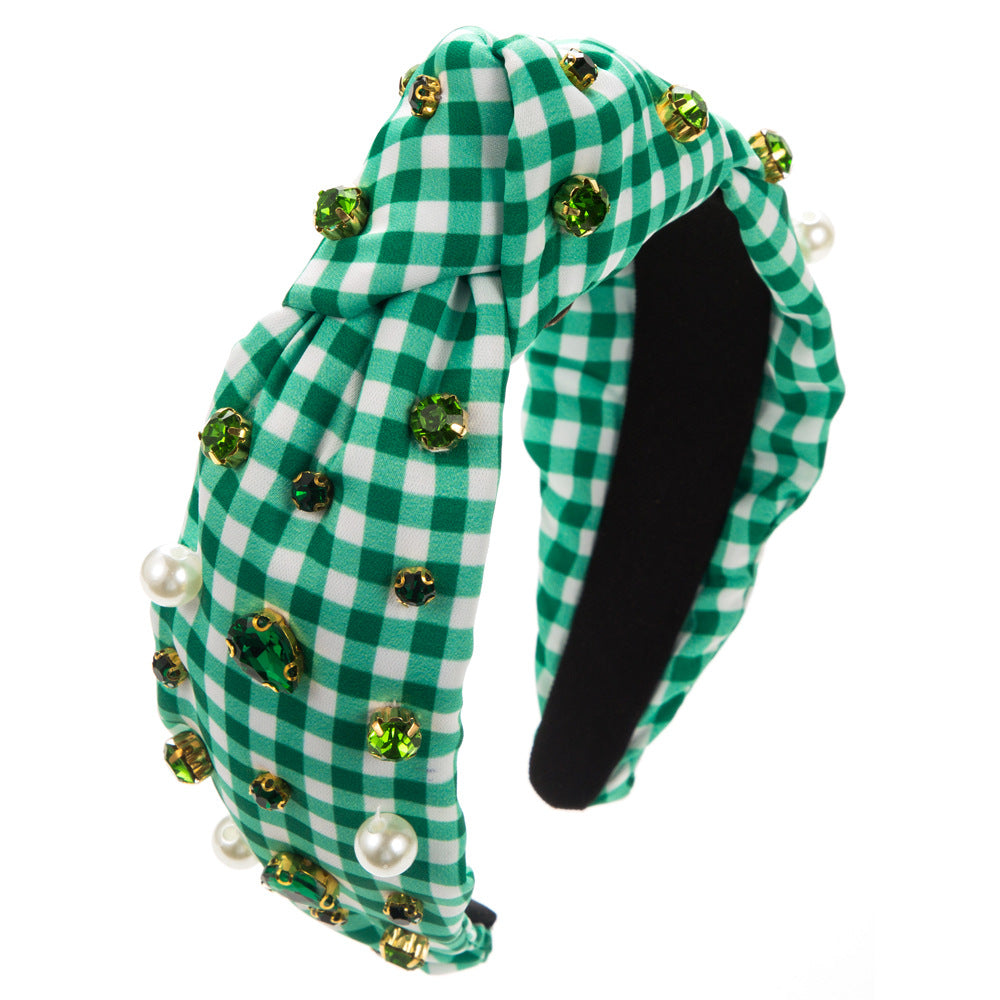 Wholesale Irish Festival Green Plaid Floral Fabric Hand-stitched Pearl Glass Diamond Headband