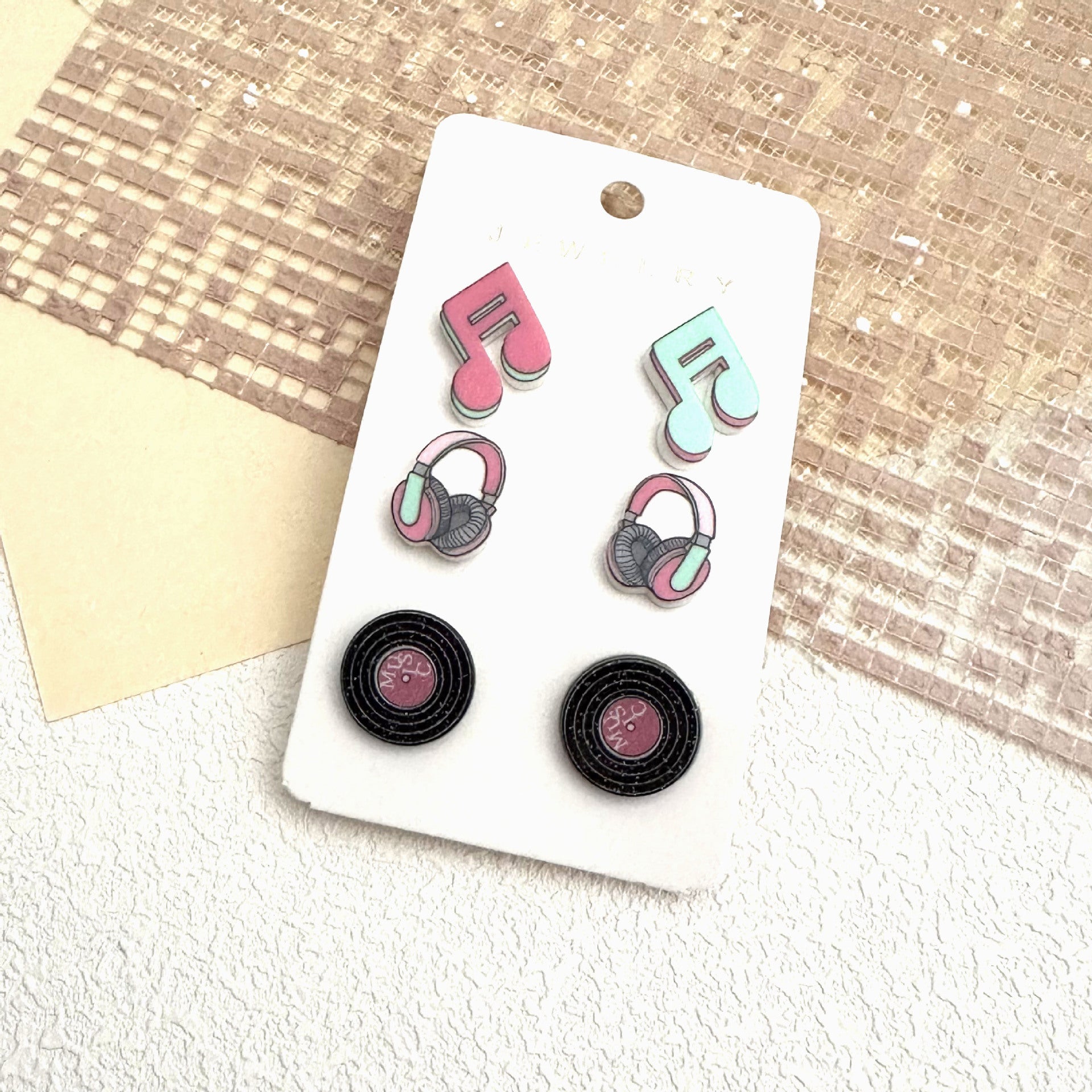 Wholesale Music Festival Earphone Disc Three-piece Set Music Note Acrylic Contrast Color Earrings