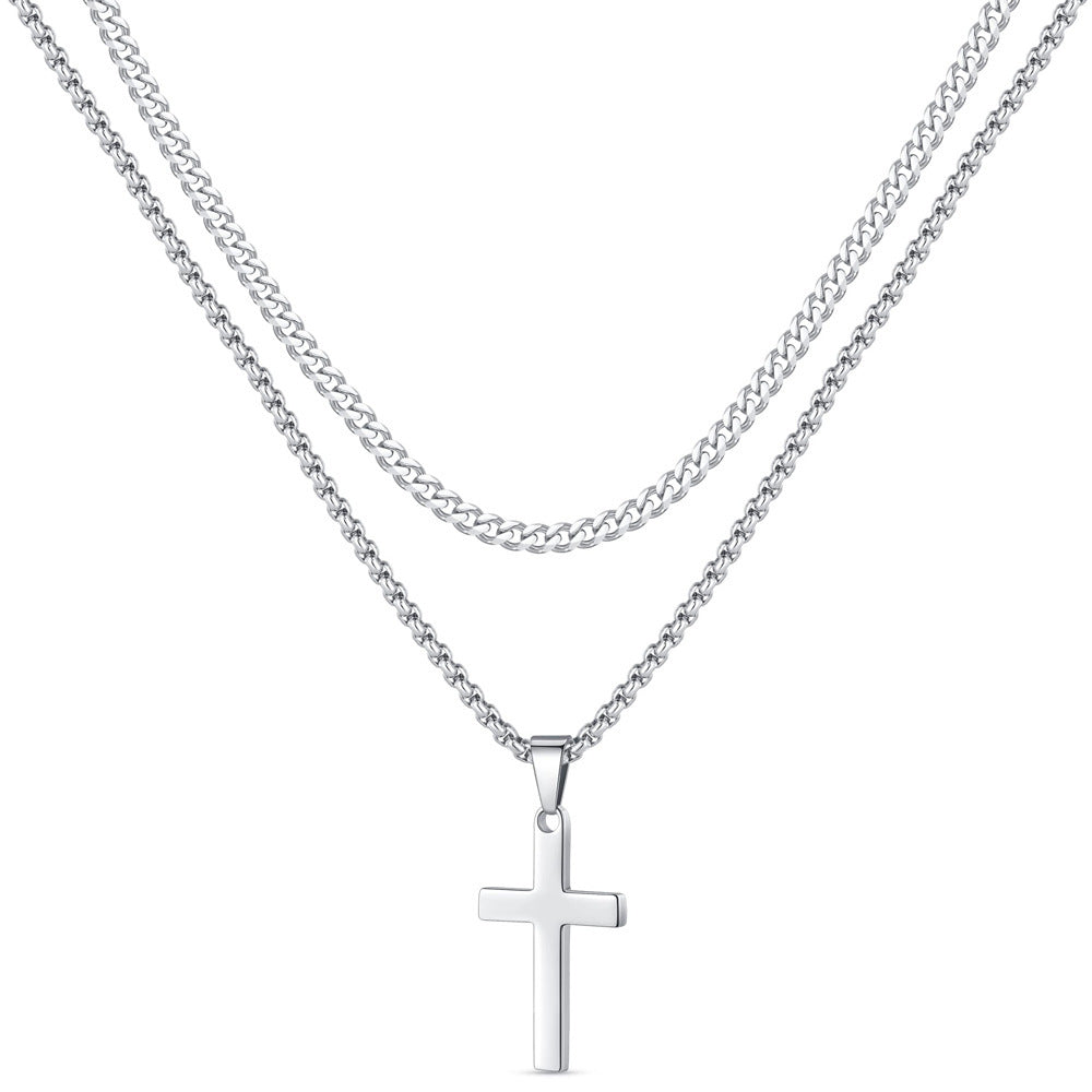Wholesale Snake bone chain double layered cross pendant stainless steel necklace