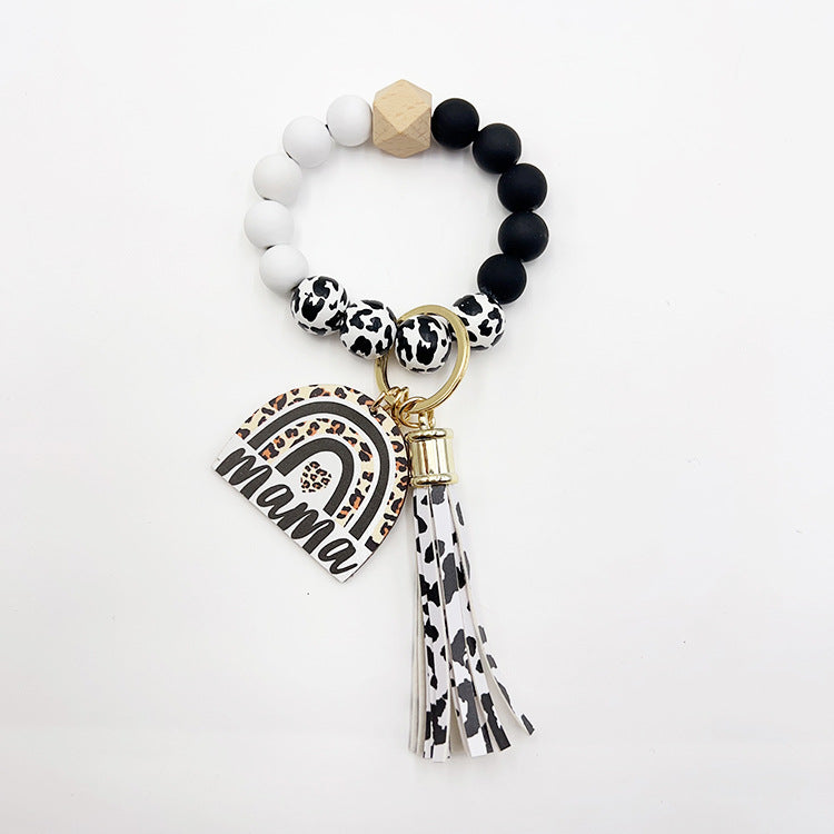 Wholesale Lacquer Round Beads Cow Pattern Wooden Beads Rainbow Wooden Sign Tassel Bracelet Keychain