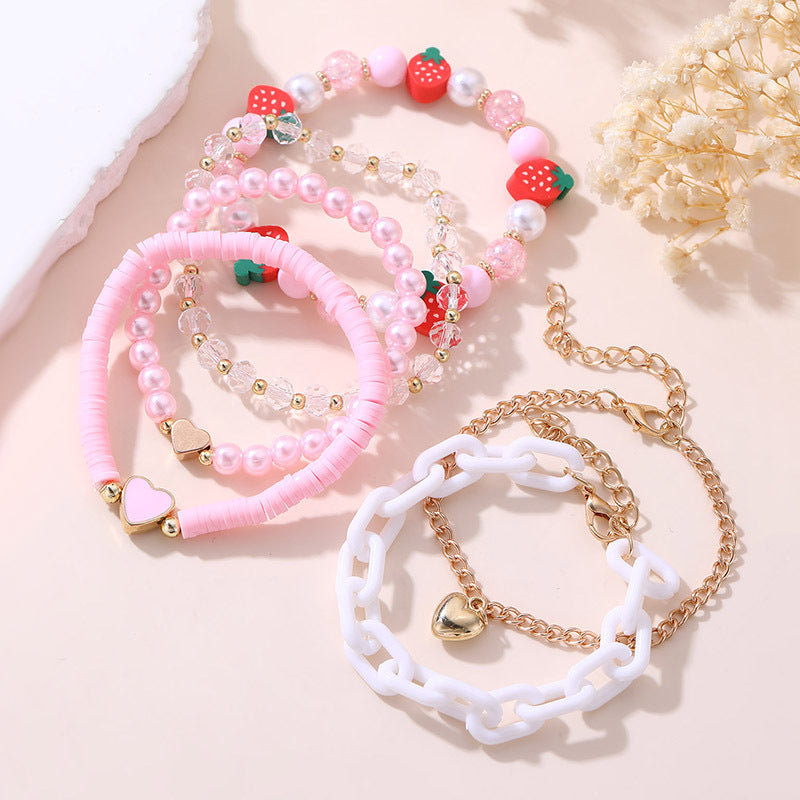 Wholesale Red polymer clay strawberry pearl girl' s bracelet