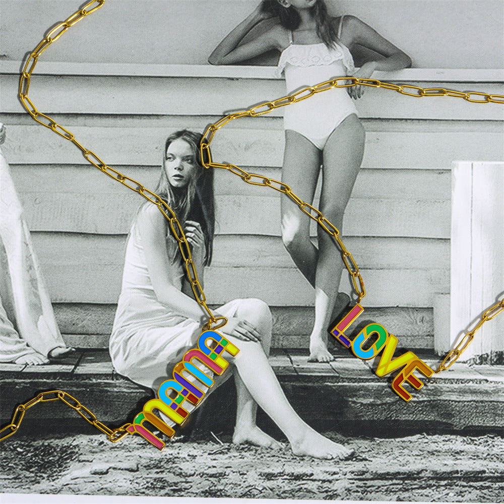 Wholesale Letter Rainbow Pendant Titanium Steel Necklace