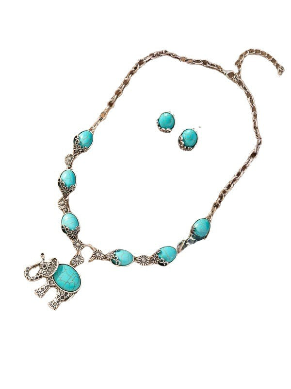 Wholesale Vintage Fashion Animal Elephant Turquoise Pendant Necklace Earrings