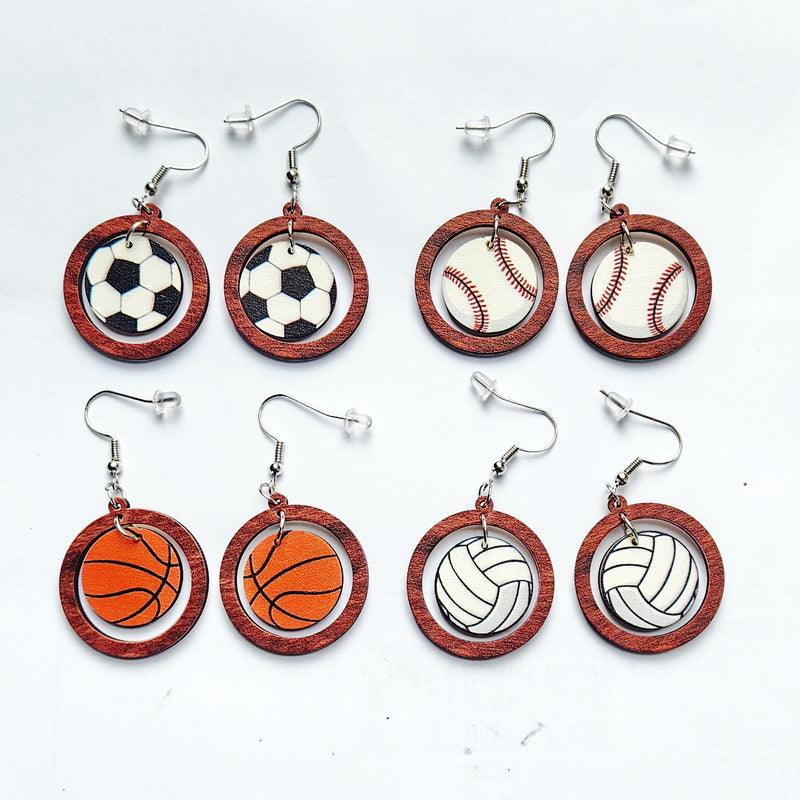 Wholesale Football World Cup Baseball Football Basketball Tennis Volleyball Wooden Ring Earrings