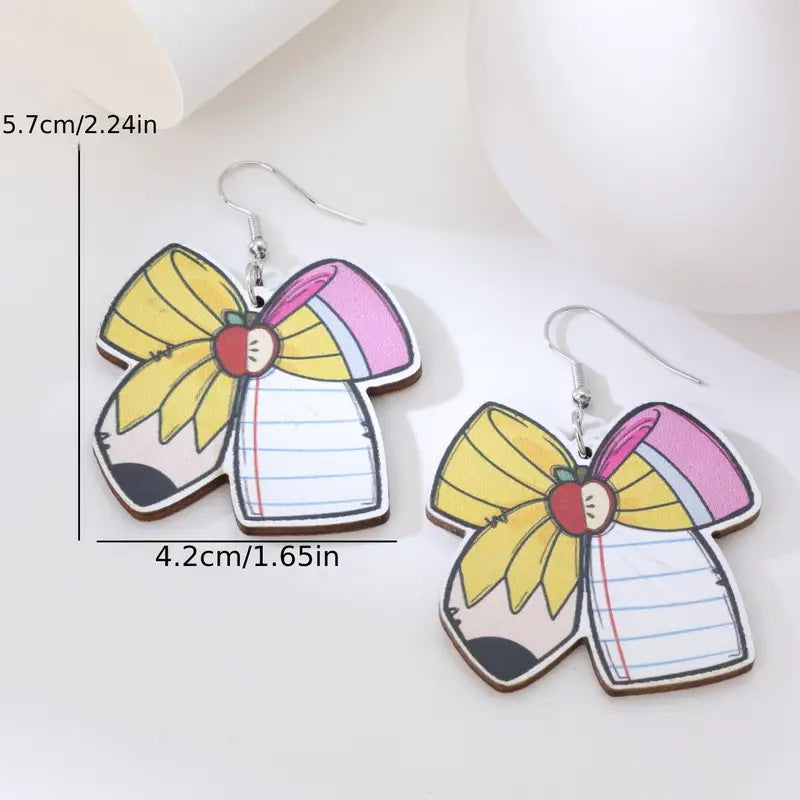 Wholesale Back to school graduation season bow pencil double-sided wooden earrings