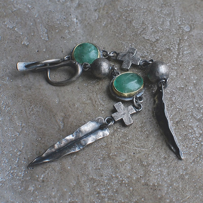 Wholesale Green Stone Cross Feather Metal Pendant Tassel Vintage Earrings