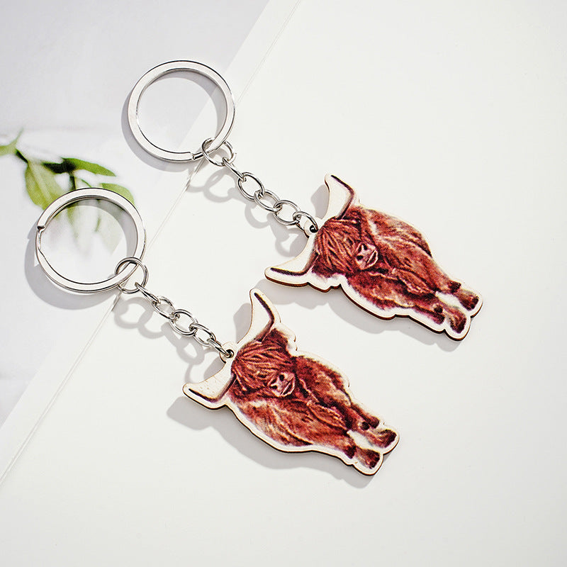 Wholesale Highland Cattle Wooden Animal Key Chain