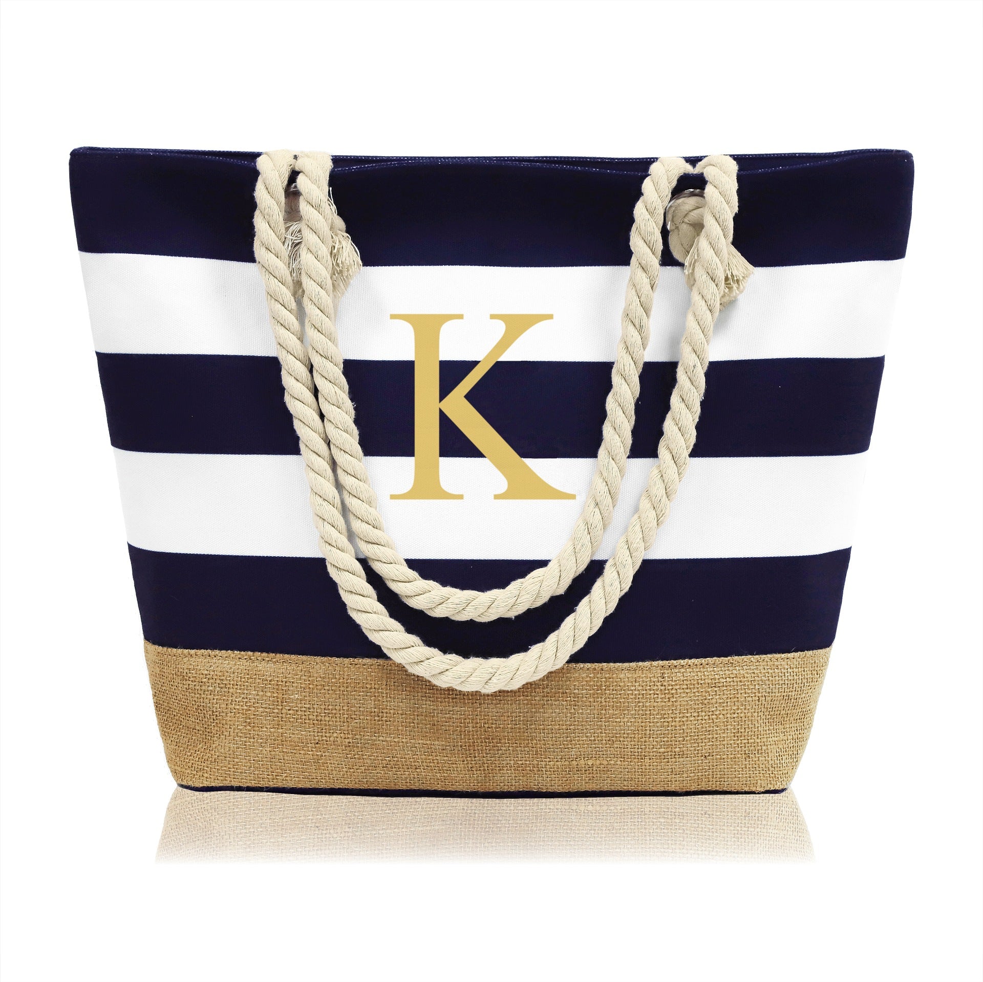 Wholesale Letter Canvas Striped Beach Handbag Zipper Multi-pocket Tote Bag
